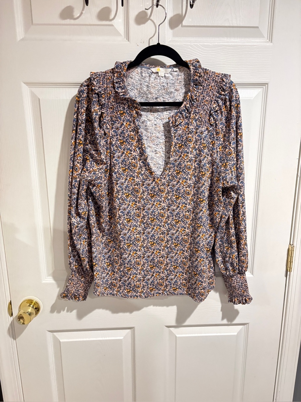 Boden Floral Split-Neck Long Sleeve Blouse - Blue & Gold